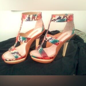 Authentic BCBGMAXAZRIA, multicolored python embossed heel sandals, size 9